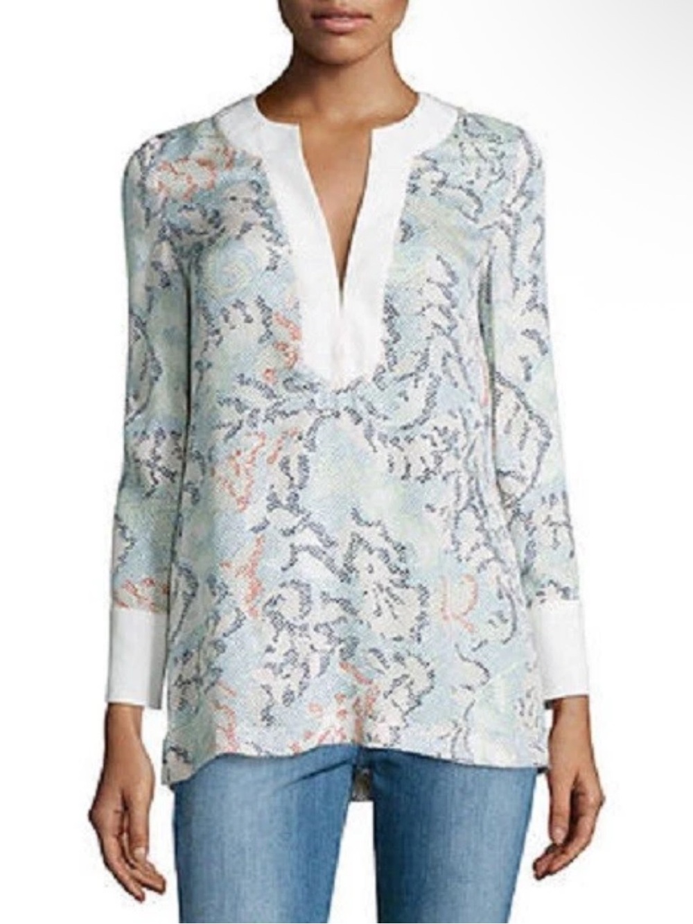 Tory Burch Dahlia Jacquard Tunic Top 100% Silk Women’s 2 Split-Neck Longsleeve